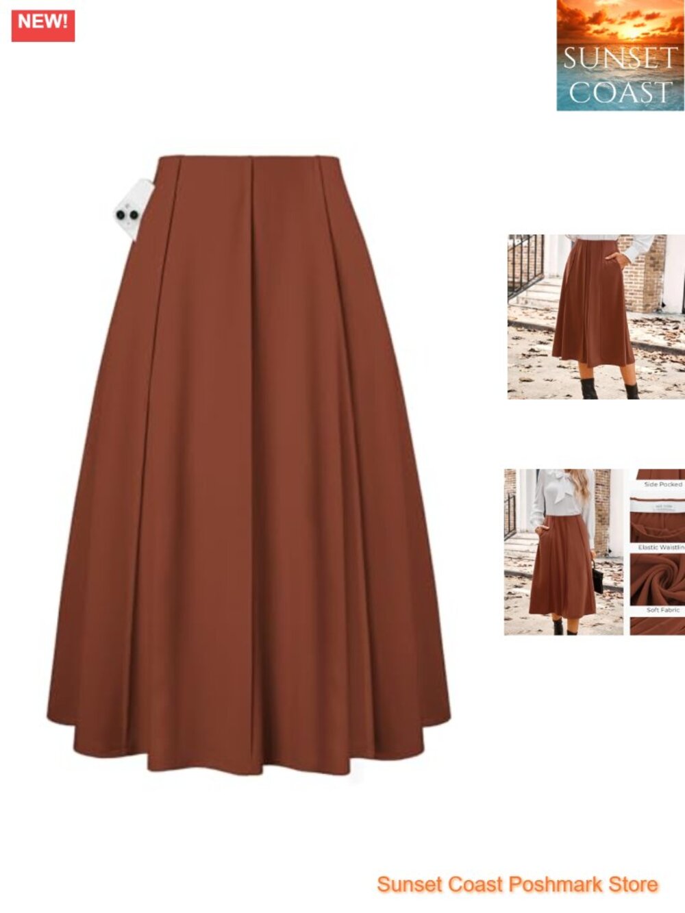 Women's Midi A-Line High Waisted Flowy Skirt with Pockets